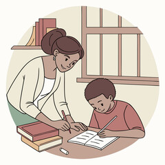 Mother helping child with homework, documentary style, education and support.