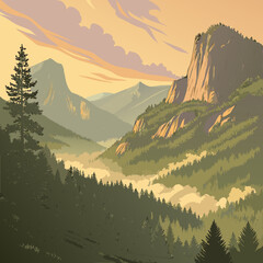 Ultra-realistic mountain landscape with mist at sunrise, breathtaking view.