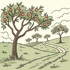 Orchard landscape with evenly spaced trees, healthy harvest, and agriculture.