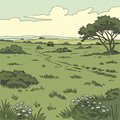 Open grassland with scattered bushes, natural landscape, wide open space.