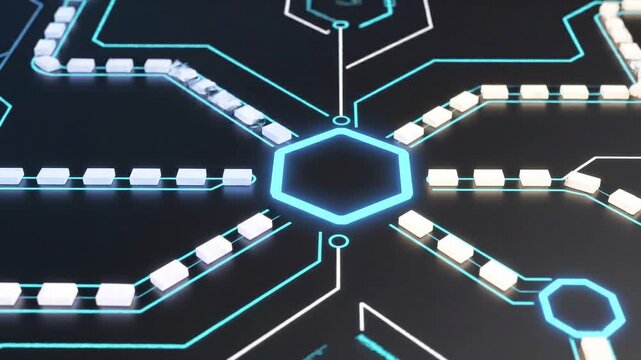 A futuristic digital network hub with glowing hexagonal node and flowing data packets on a circuit board. Illustrates connectivity, blockchain, data flow, routing, communication and modern technology 