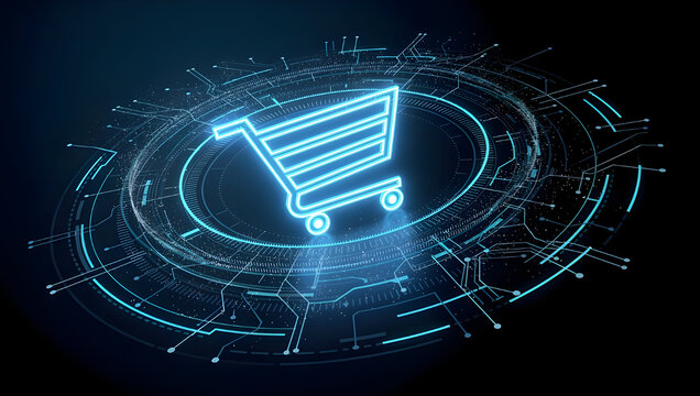 Digital shopping cart icon on futuristic interface, online ecommerce technology concept, retail platform innovation, virtual purchasing system and modern payment solutions