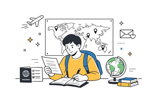 Preparing for Global Education. Global education program. A student reviewing study abroad documents and a world map, preparing thoughtfully for an