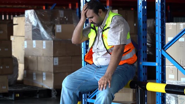 Sweating Indian worker in warehouse wiping sweat and shaking head. Tired South Asian man feeling stressed, burnout, and exhausted in extreme heat. Global warming, economic crisis, job loss anxiety.