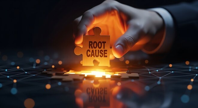 Businessman finding root cause solution with puzzle piece