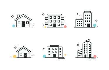    Real estate objects minimal. Collection of simple house, apartment, and building shapes arranged in a clean grid. Calm professional mood with