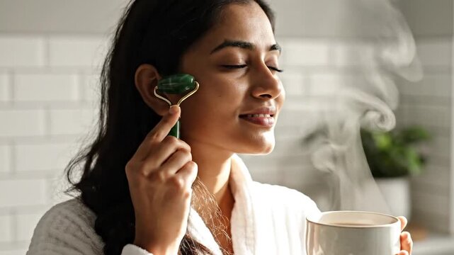 Smiling woman using jade roller with hot cup in morning