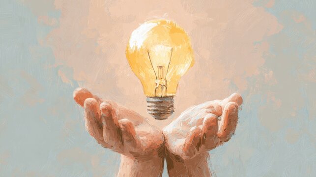 Lightbulb floating over hands, soft pastel background