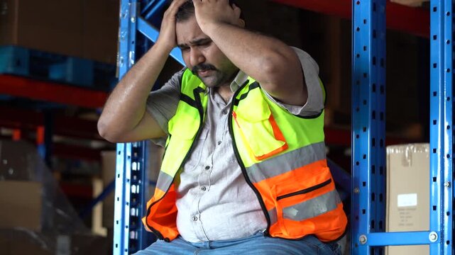 Sweating Indian worker in warehouse wiping sweat and holding head in despair. Stressed South Asian man shaking head, feeling exhausted, burnout, and anxiety about job loss or economic crisis.