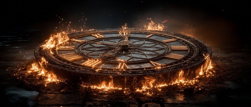 Time is burning away as the clock face is destroyed by the flames.