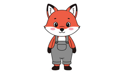 Cute Cartoon Fox Character Standing in Gray Overalls Vector Art