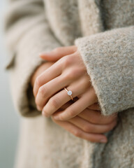 Cinematic fine art engagement detail shot, close-up of a woman's hands wearing a sparkling diamond ring on her finger with a soft beige coat background