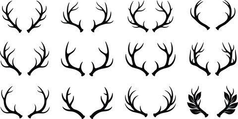 Vector illustration of antler silhouettes in grid arrangement, unique branching patterns and stylized decorative designs symbolizing wildlife and nature