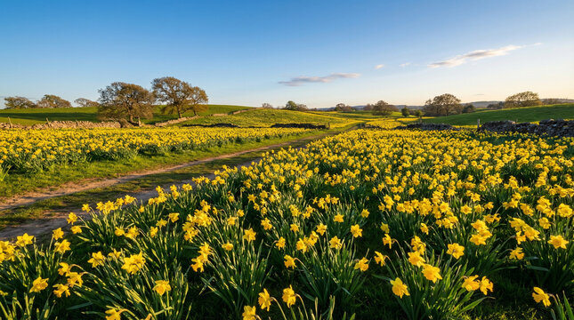 Bright Daffodils Field Stretching to Horizon Warm Light. Realistic wide landscape of golden yellow daffodils swaying in spring breeze, warm afternoon sunlight and blue sky