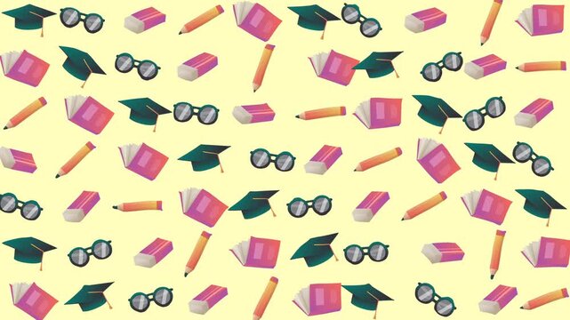 Random graduation caps, glasses, books, pencils, and erasers ideal for educational, graduation, school, university, and academicthemed designs.