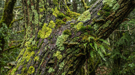 Obraz premium Textured Bark with Fresh Green Lichen Macro Detail. Rich close-up of rough tree bark covered in bright green lichen patches, authentic forest texture with natural moisture