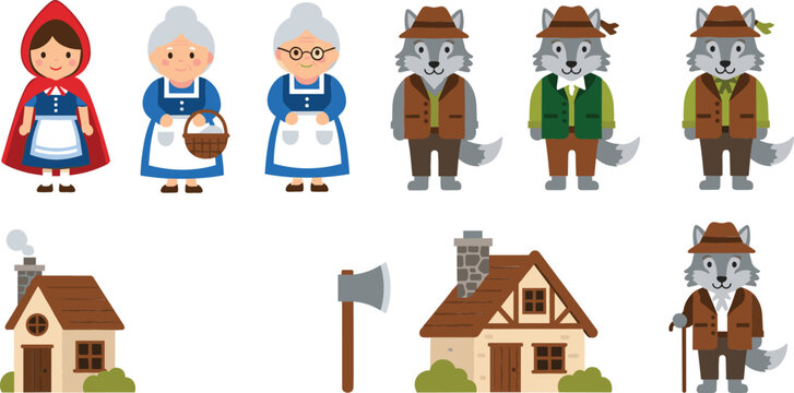 Little Red Riding Hood fairy tale vector character set featuring grandma, big bad wolf, cottage house, woodsman axe, and girl illustration.