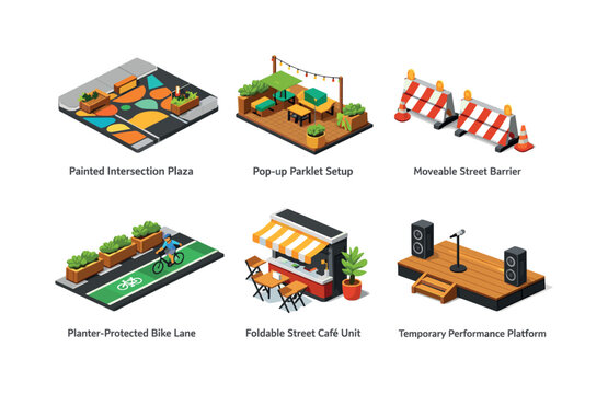 Tactical urbanism. Isometric flat vector icons set of tactical urbanism: painted intersection plaza, pop-up parklet setup, moveable street