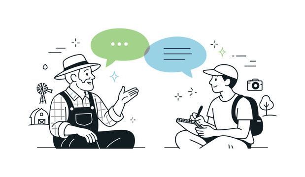 Rural storytelling documentation. A calm scene of an elder speaking while a young documentarian listens and takes notes. Focused interaction,