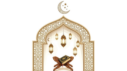 Illustration of a crescent moon above an ornate archway with hanging lanterns and a book on a stand.
