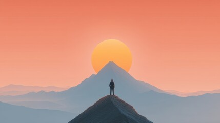 Majestic Sunrise Over Mountain Peak with Silhouette of Person Standing at Summit Against Vibrant Sky in Ethereal Landscape
