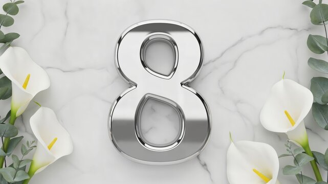 Silver metallic number 8 for March 8th International Women's Day with white flowers