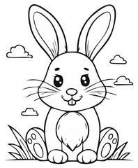 Obraz premium Cute cartoon bunny rabbit sitting in grass with clouds in the sky for coloring
