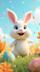 Fototapeta premium Cute white bunny, blue eyes, smiling, standing on grass, surrounded by colorful Easter eggs, spring flowers, festive confetti