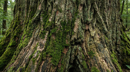 Obraz premium Weathered Tree Bark Texture with Moss Details. Macro detailed shot of ancient tree bark covered in emerald moss patches, rustic authentic textures, natural brown and green palette