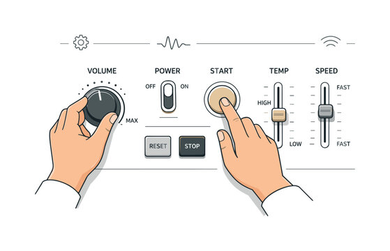 Manual Dashboard Simplicity. Manual controls still used. A dashboard or control panel shows labeled knobs and buttons being adjusted, highlighting simplicity