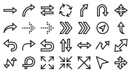 Diverse arrow icons set. Vector line art symbols representing direction, navigation, movement, and UI controls for digital design.