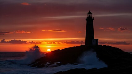 Fototapeta premium Beautiful Sunset Over a Coastal Lighthouse with Waves Crashing on the Rocks