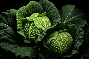 Obraz premium Fresh green cabbages and leaves with water droplets against a dark background