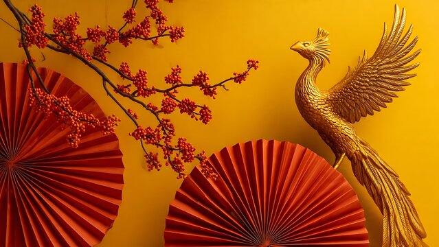 Golden Phoenix with Red Fans and Blossoms.