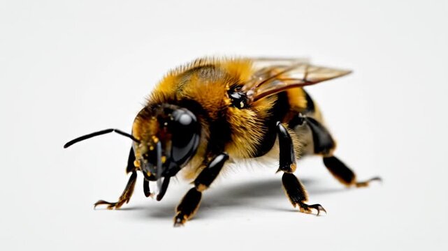 Macro shot of bumblebee covered in pollen on white background