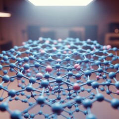Molecular structure model with blue spheres, pink accents, and glowing overhead light