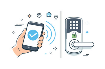 Mobile access control. Hand holding a phone near a smart door lock, gentle signal waves showing connection. Feeling of convenience and