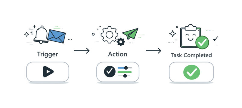    Workflow automation dashboards. Simplified dashboard scene with icons for triggers, actions, and completed tasks floating gently. Transparent