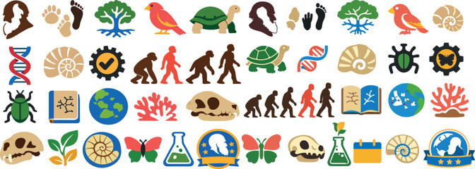Set of Darwin Day Icons Featuring Evolution, Animals, Fossils, and DNA © Melange