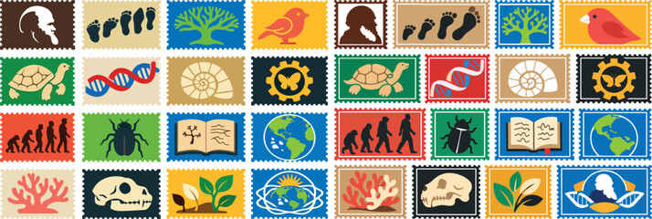 Darwin Day Stamp Set Featuring Evolution, Fossils, DNA, and Nature Symbols © Melange