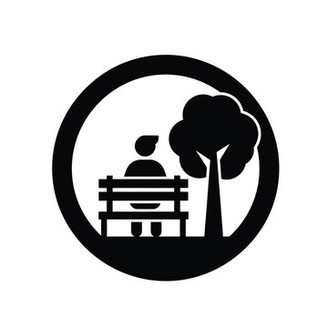 Vector illustration icon black silhouette of a person sitting on a bench under a tree in a circular frame