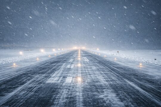 Snow Covered Airport Runway During Heavy Blizzard with Glowing Landing Lights
