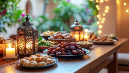Naklejka premium Traditional Ramadan Iftar Food Composition with Fresh Dates, Arabic and Halal Middle Eastern Cuisine on Dark Rustic Table.