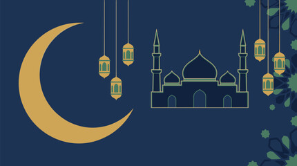 Obraz premium Stylized Ramadan Crescent and Mosque Outline with Hanging Lanterns