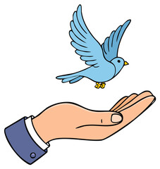 Blue bird in flight departing open hand gesture, symbolic freedom and release