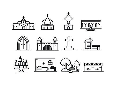Monastery. Line icon set of monastery: monastery building, church dome, bell tower, cloister courtyard, arched doorway, monastery gate, stone