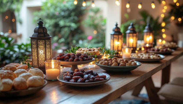 Traditional Ramadan Iftar Food Composition with Fresh Dates, Arabic and Halal Middle Eastern Cuisine on Dark Rustic Table.