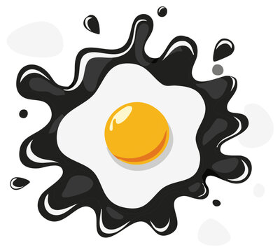 Black splash surrounds sunny-side up egg with shiny yolk vector illustration