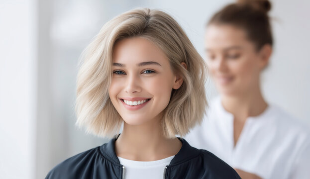 Woman with short bob haircut sitting in modern beauty salon with stylist blurred in background, wearing black jacket and white shirt
