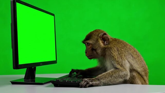 Monkey Using Computer on Green Screen.